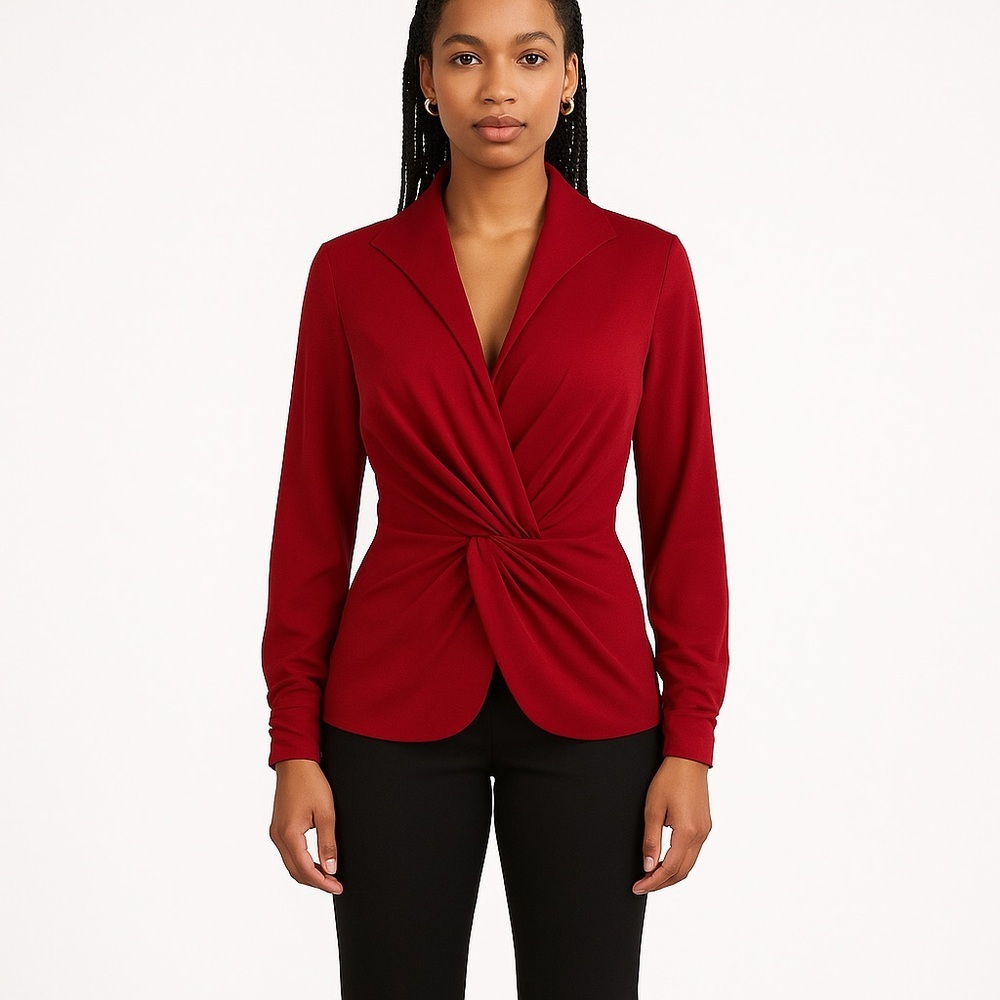 Tadashi Collection red blouse top wrap front silky stretchy material size medium